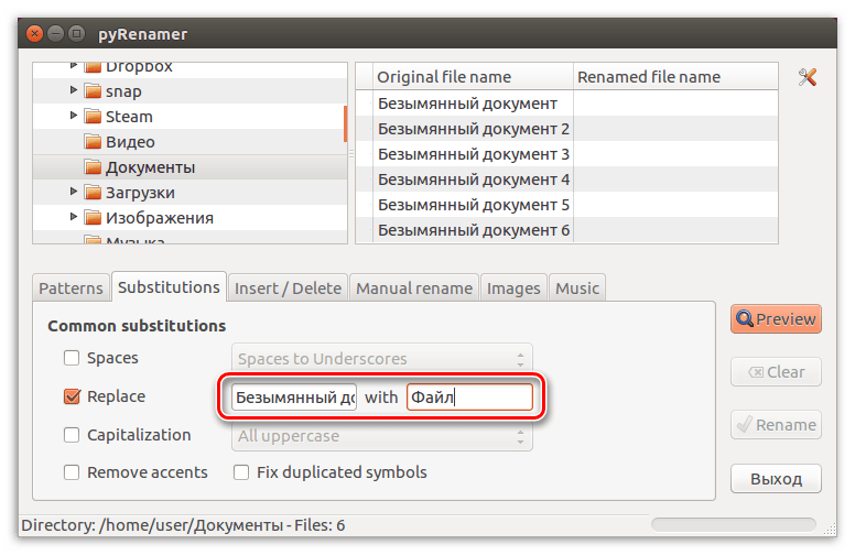 заполненные поля для переименовывания файла в программе pyrenamer в linux