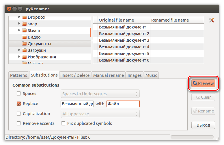 кнопка preview в программе pyrenamer в linux