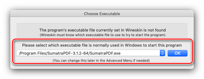 Задать EXE-файл приложения Wineskin для использования в macOS