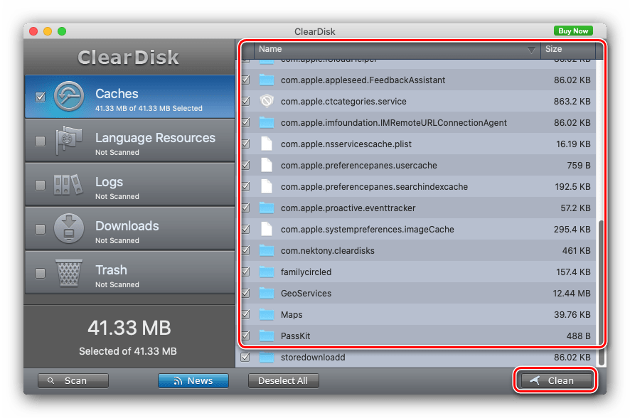 Выбор файлов для очистки кэша macOS посредством ClearDisk