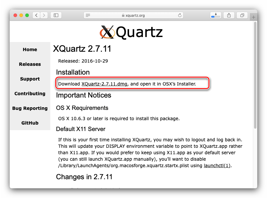 Скачать компонент XQuartz для Wine для открытия EXE-файлов в macOS