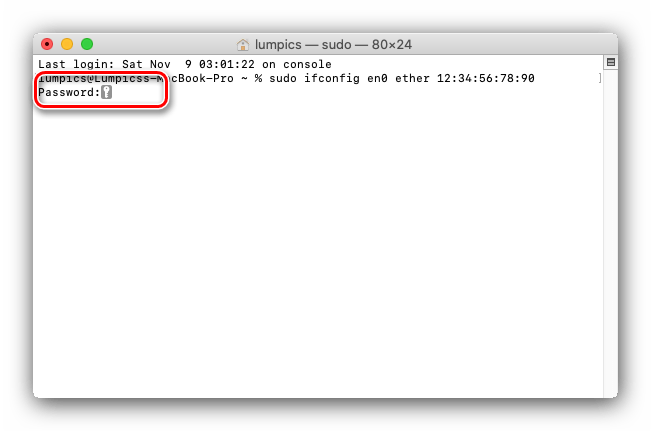Подтверждение ввода команды ручного изменения MAC-адреса на macOS через Терминал