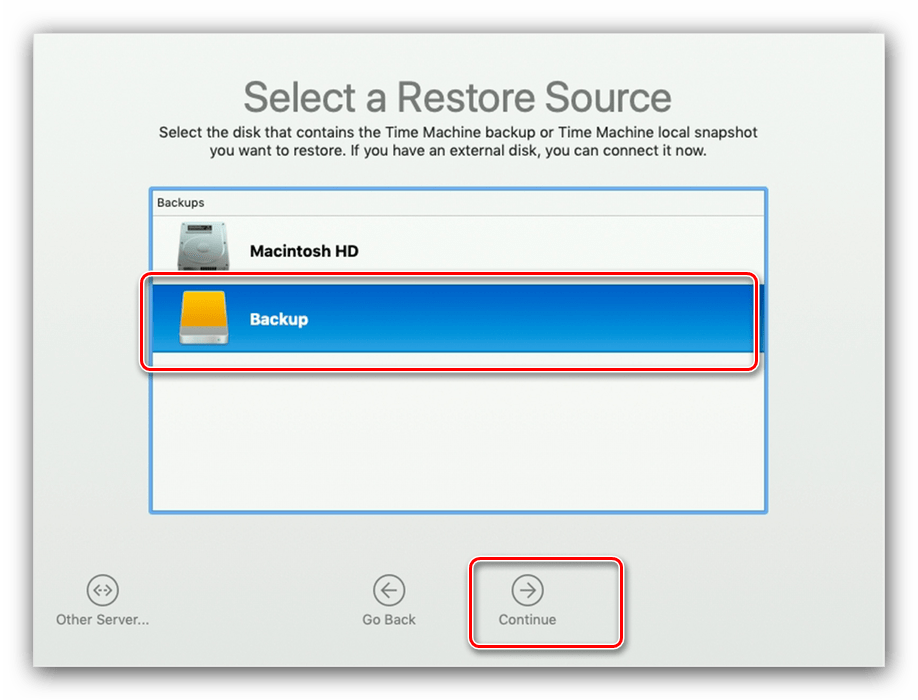 Выбор источника резервной копии для восстановления МакБука из Time Machine