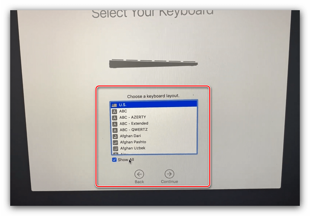 Выбор раскладки после инсталляции macOS с флешки