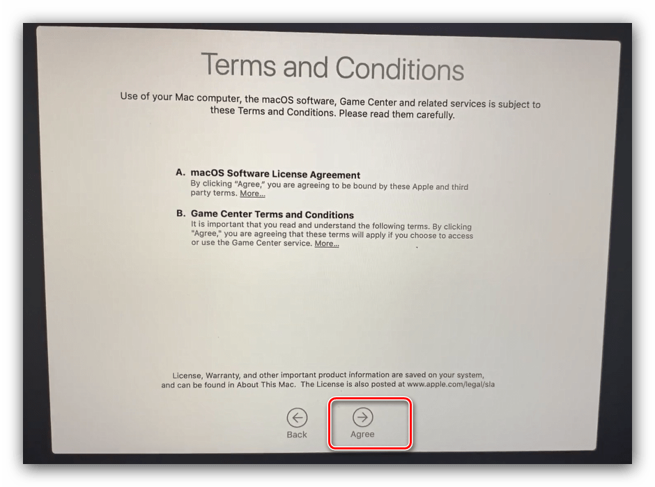 Лицензионное соглашение после инсталляции macOS с флешки
