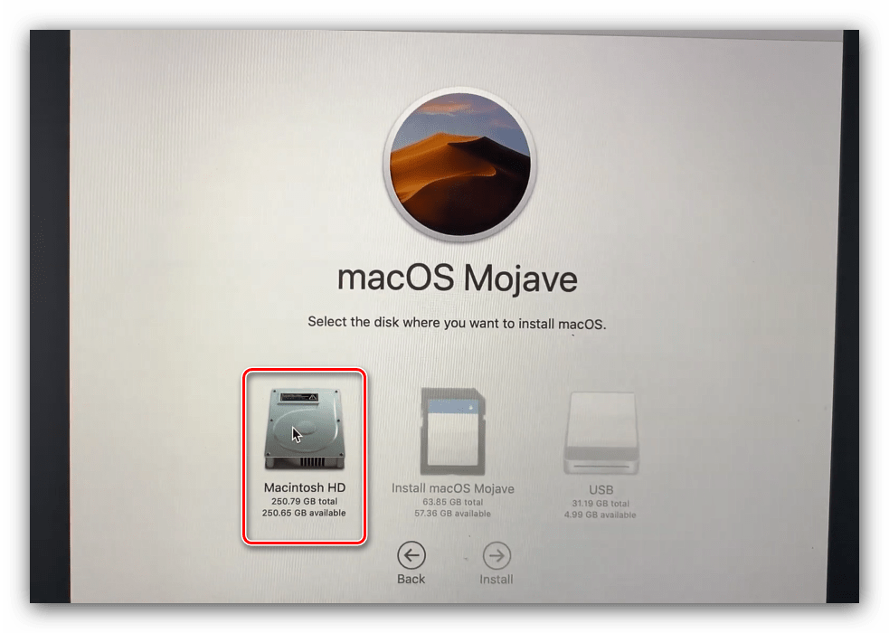 Выбрать диск для инсталляции в процессе установки macOS с флешки