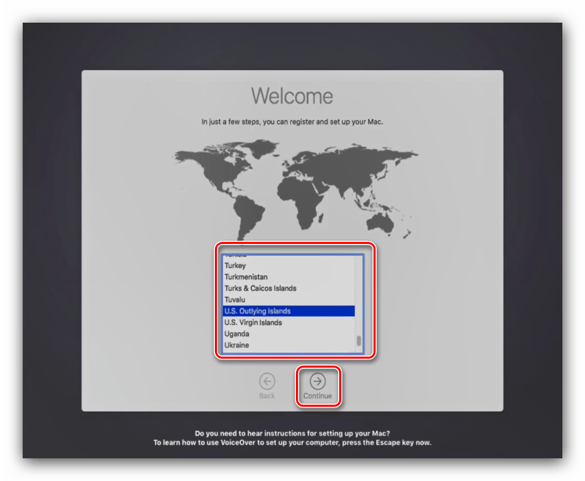 Выбор региона в процессе установки macOS на VirtualBox
