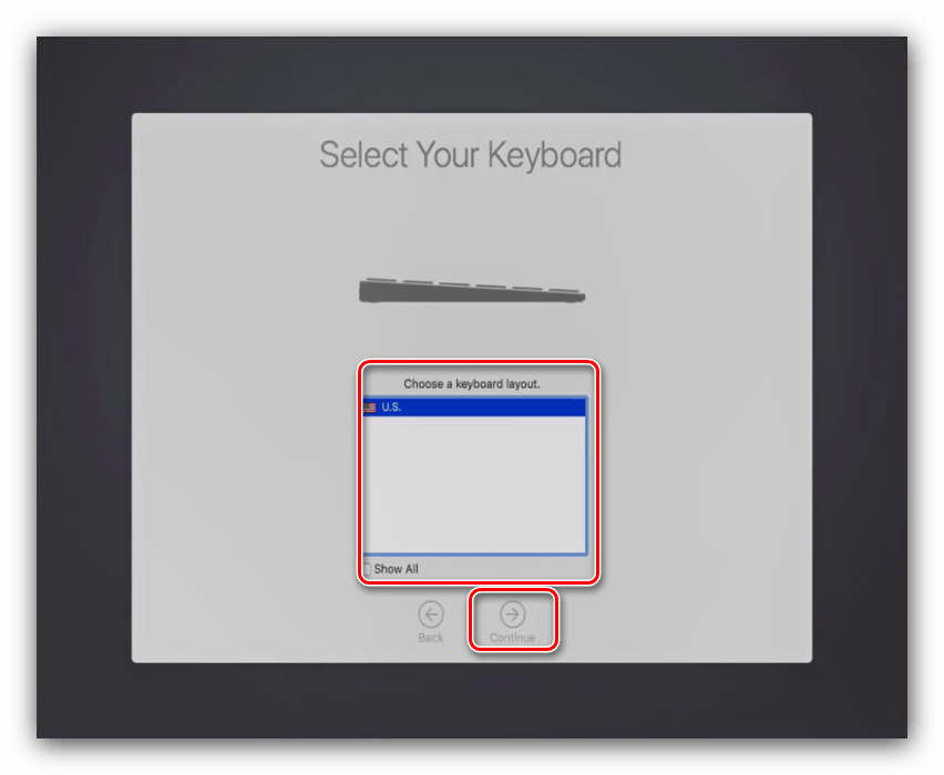 Раскладка клавиатуры в процессе установки macOS на VirtualBox