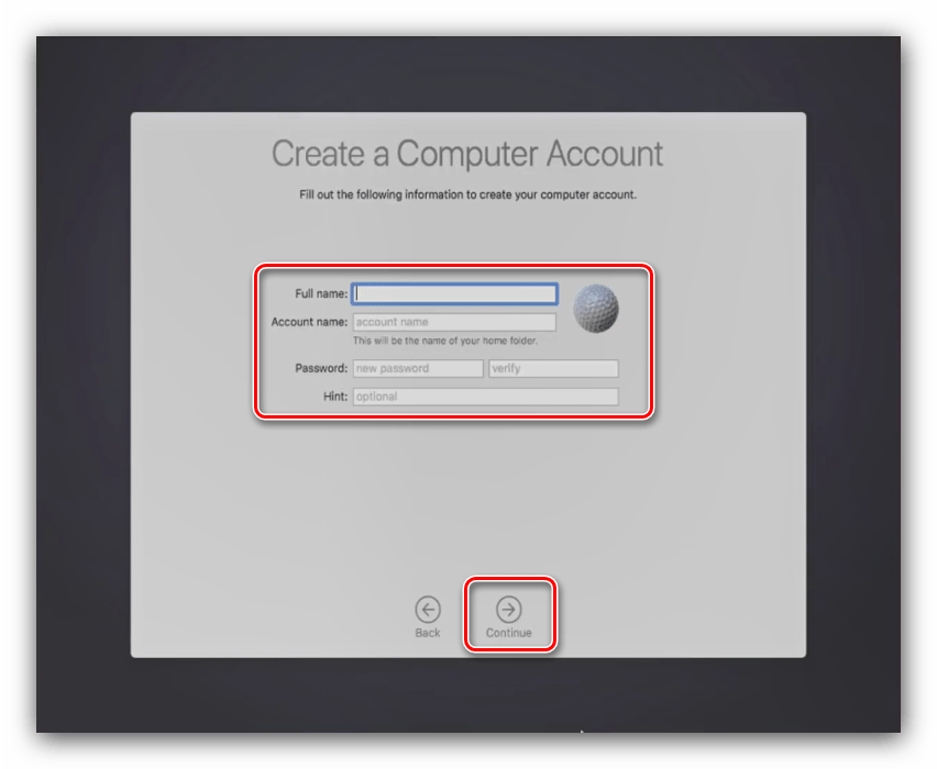 Создание учётной записи в процессе установки macOS на VirtualBox
