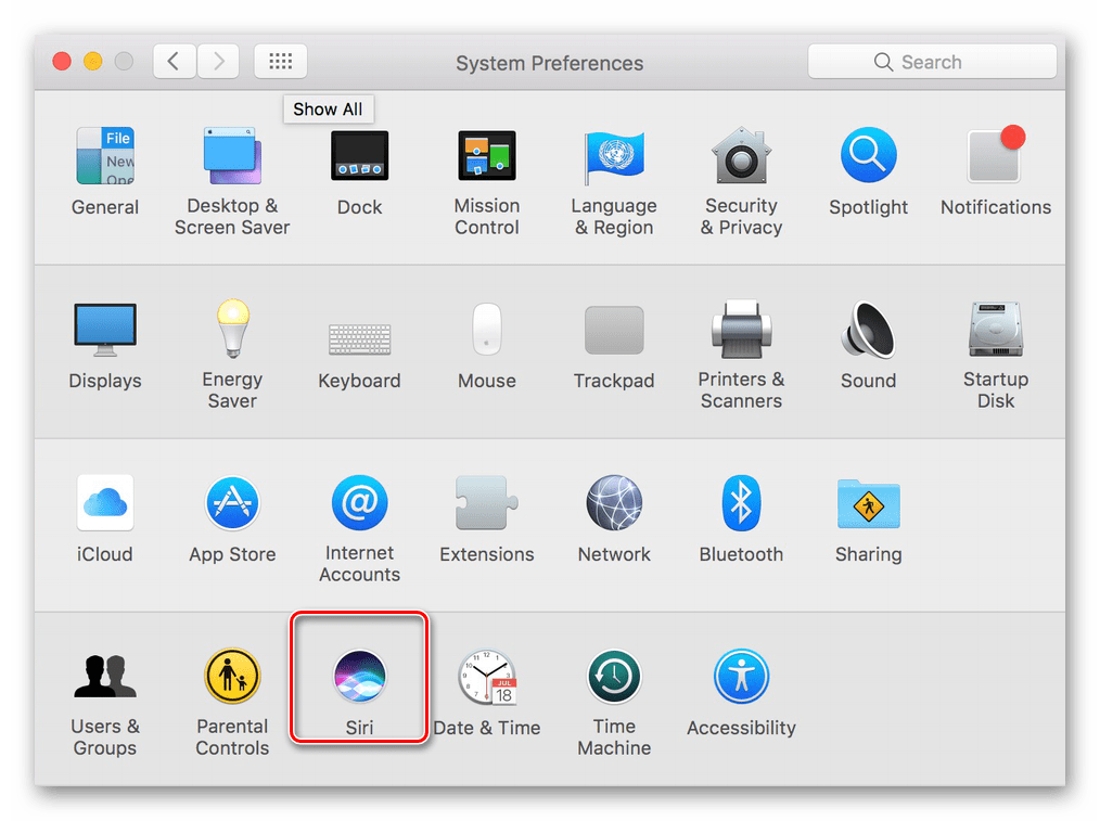 Открытие настроек голосового ассистента Siri на mac OS