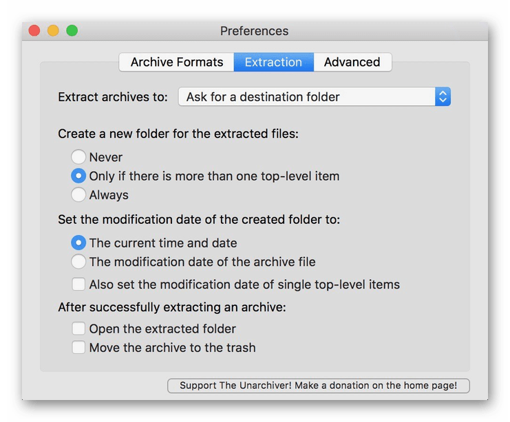 Параметры архиватора The Unarchiver для macOS
