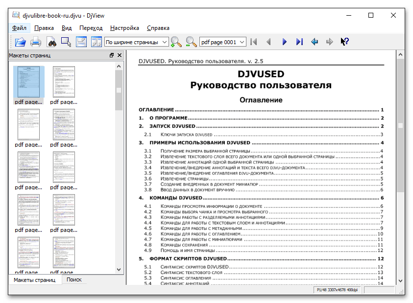 DjVuLibre DjView - открытый программе DjVu-документ, вкладка Макеты страниц