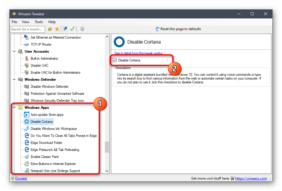 Использование программы Winaero Tweaker для отключения ненужных приложений в Windows 10