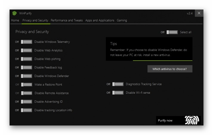 Использование программы WinPurify для настройки Windows 10
