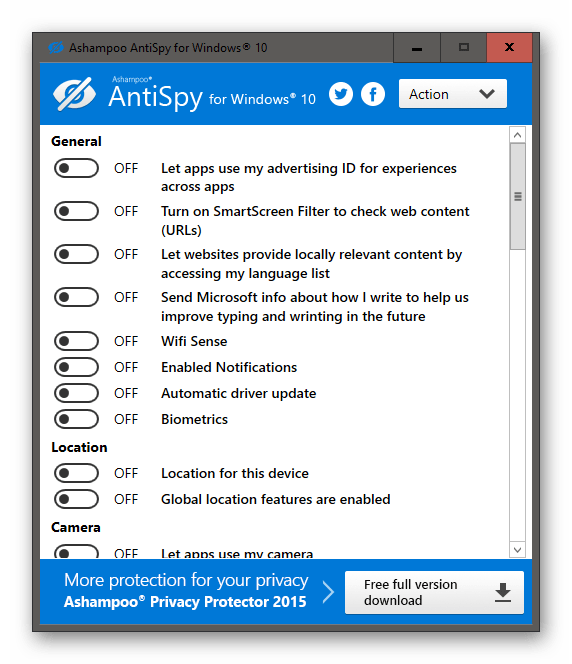 Использование программы Ashampoo AntiSpy для отключения обновлений Windows 10