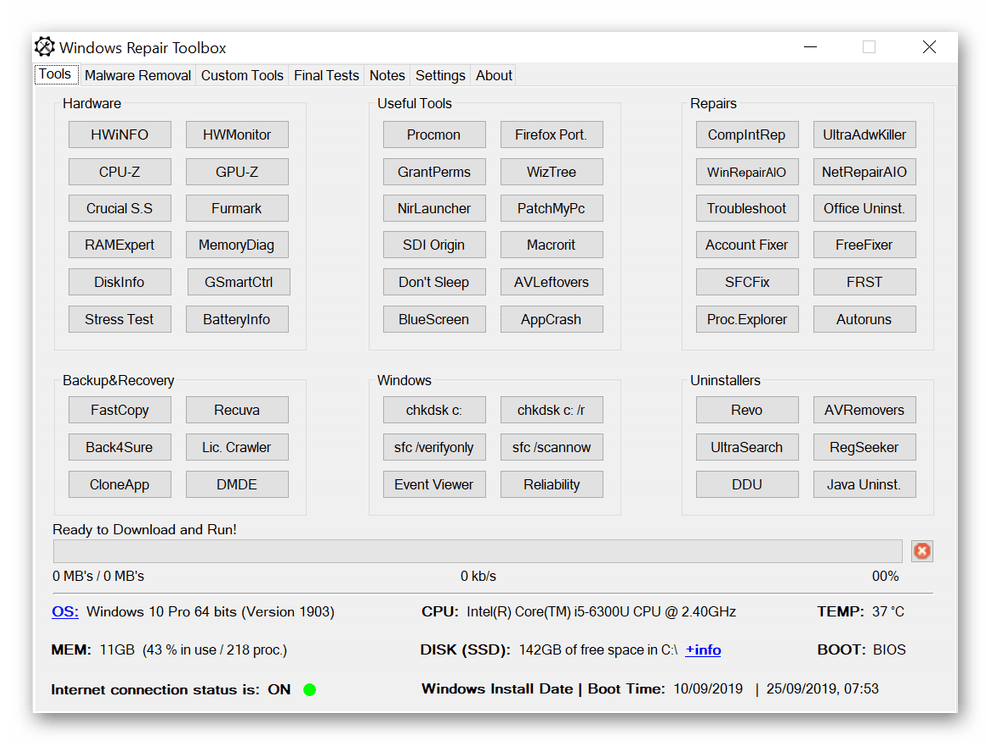 Интерфейс программы Windows Repair Toolbox