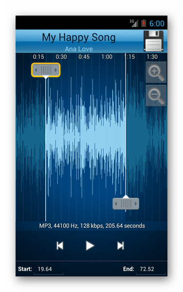 Интерфейс программы MP3 Cutter and Ringtone Makerна Android