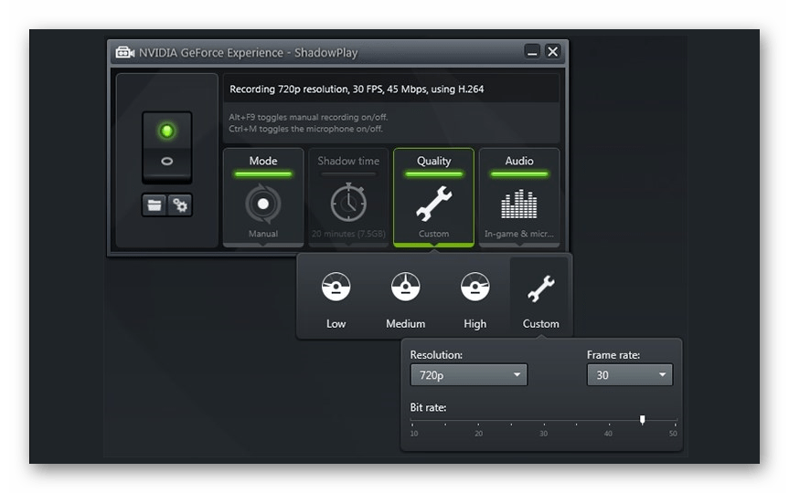 Интерфейс программы NVIDIA GeForce Experience ShadowPlay