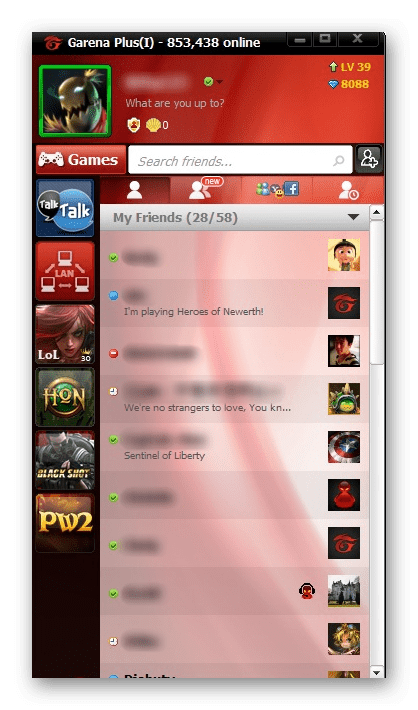 Интерфейс программы Garena Plus
