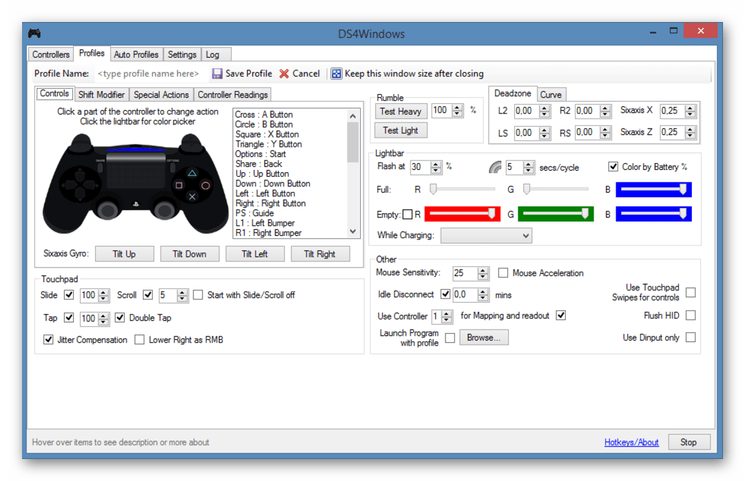 Интерфейс программы DS4Windows