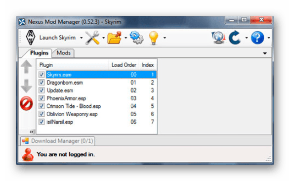 Меню программы для установки модов Skyrim Nexus Mod Manager
