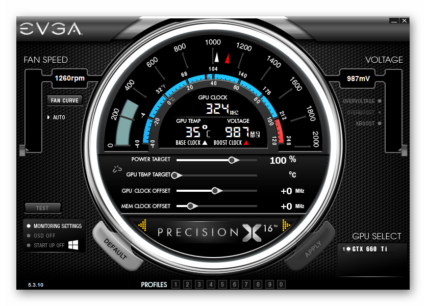 Интерфейс программы EVGA Precision X