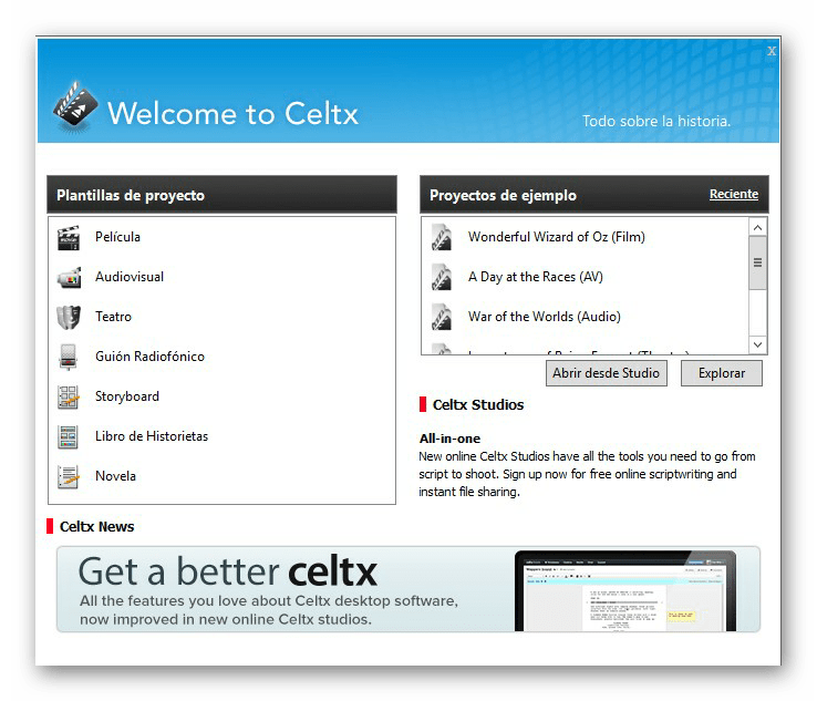 Выбор шаблона для написания сценария при первом открытии программы Celtx