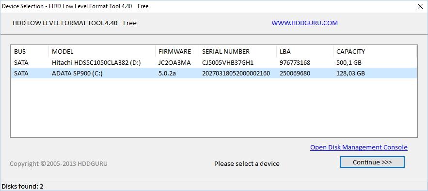 Главное окно hdd low level format tool