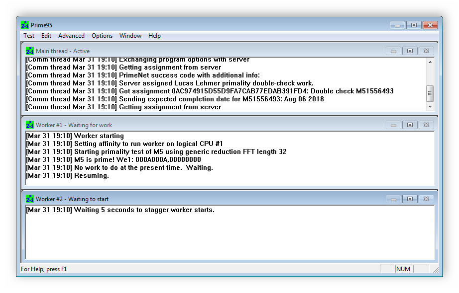 Главное окно программы Prime95