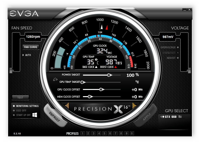 Главное окно программы EVGA Precision X