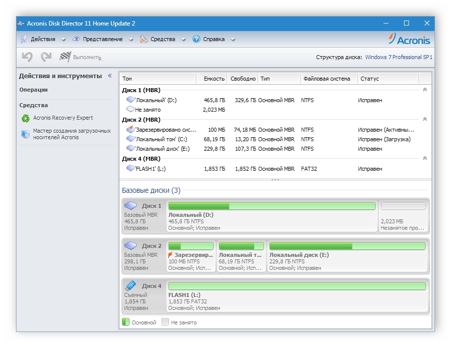 Главное окно Acronis Disk Director