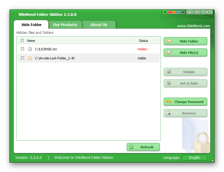 Главное изображения WinMend Folder Hidden в программах для запрятывания папок