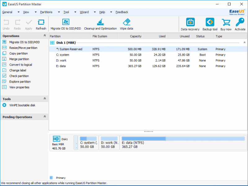 Главное меню программы EaseUS Partition Master