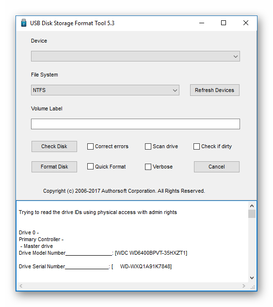 Главный экран HP USB Disk Storage Format Tool