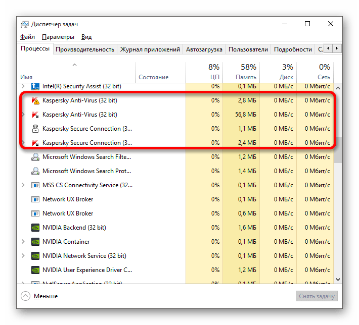Просмотр в диспетчере нагрузкау на систему антивирусной программой Касперски в обычном режиме