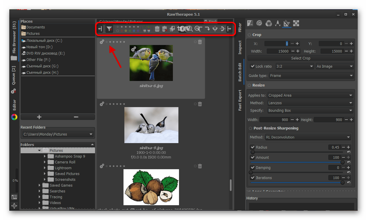 Управление фотографиями в графическом редакторе RawTherapee