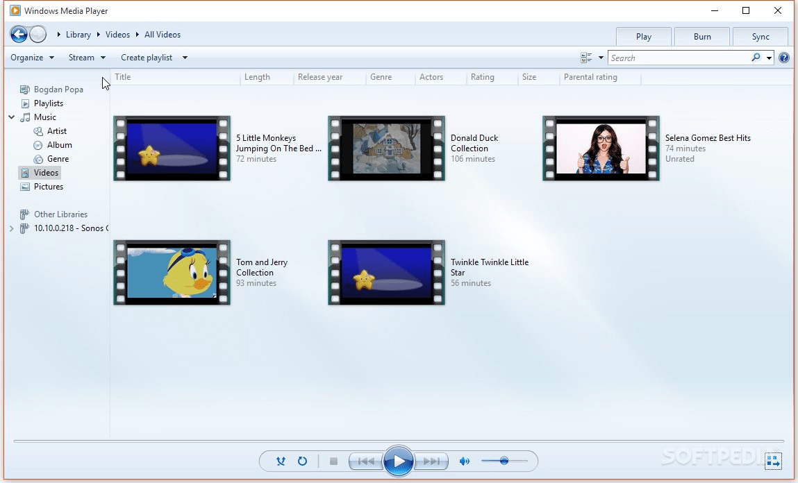 Главное меню в Windows Media Player