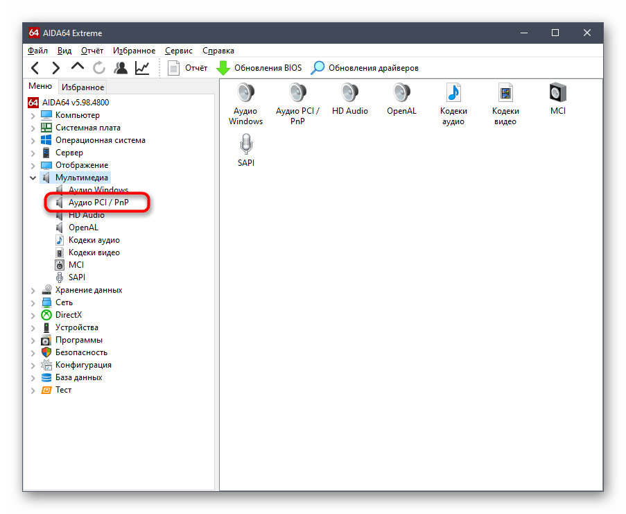 Выбор типа устройств в AIDA64 для просмотра звуковой карты