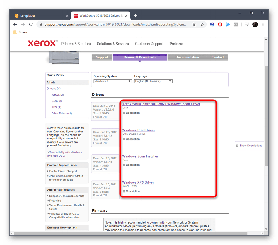 Выбор драйвера для Xerox WorkCentre 5021 на официальном сайте