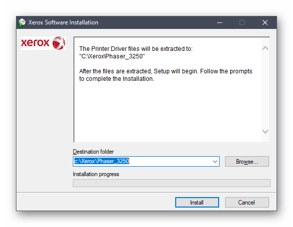 Выбор места для распаковки файлов драйвера Xerox Phaser 3250