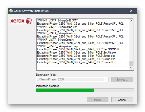 Процесс распаковки файлов драйвера Xerox Phaser 3250
