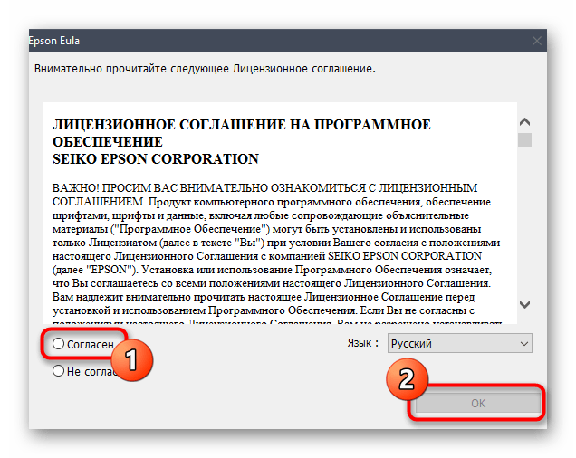 Подтверждение лицензионного соглашения для установки драйвера принтера Epson L110