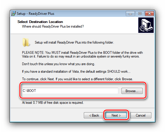 Установка ReadyDriver Plus и выбор папки загрузки