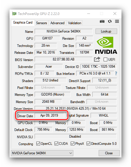 Дата релиза установленных драйверов NVIDIA в GPU-Z