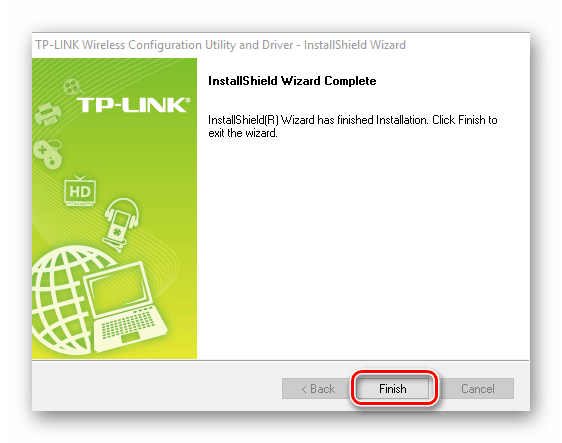 Завершение работы программы установки фирменной утилиты обновления драйверов для Wi-Fi адаптеров TP-Link