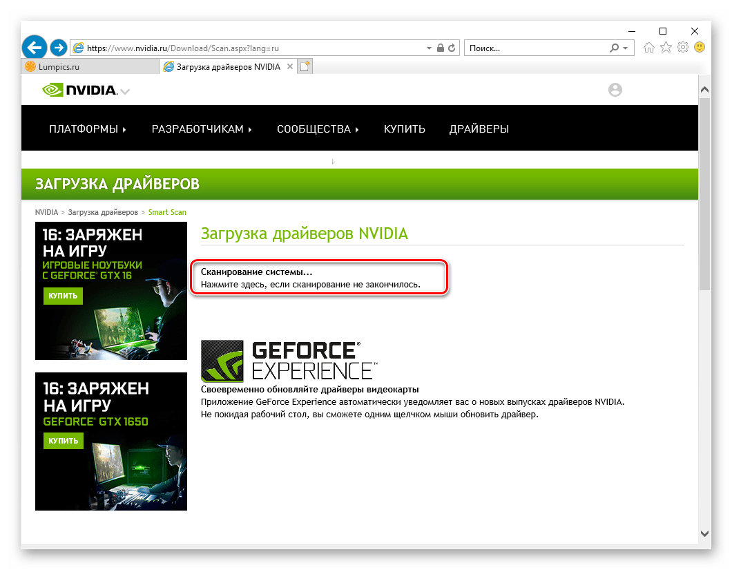 Автоматическое сканирование системы для поиска драйвера видеокарты NVIDIA GeForce 610