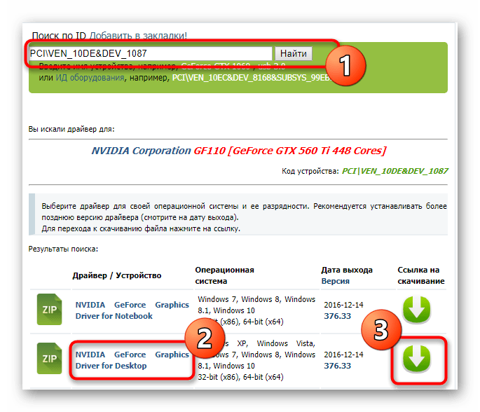 Поиск драйвера для видеокарты NVIDIA GeForce GTX 560 TI через идентификатор