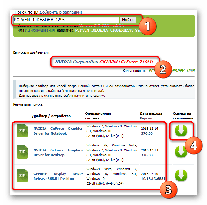 Поиск драйверов для NVIDIA GeForce 710M через уникальный идентификатор