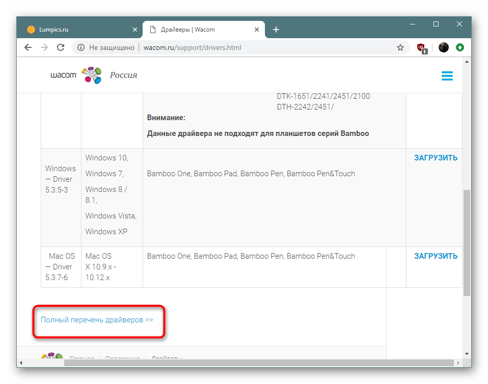 Открытие полного списка доступных драйверов на официальном сайте Wacom