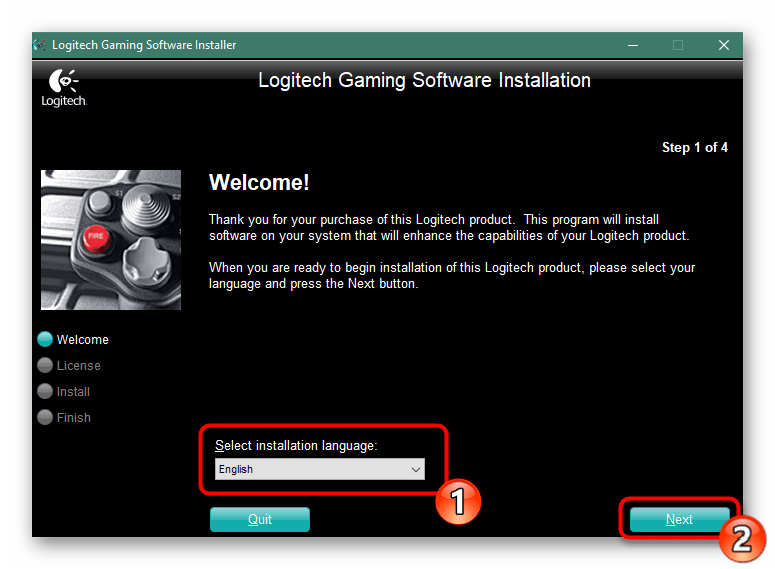 Выбор языка в меню установки драйверов контроллера Logitech F710